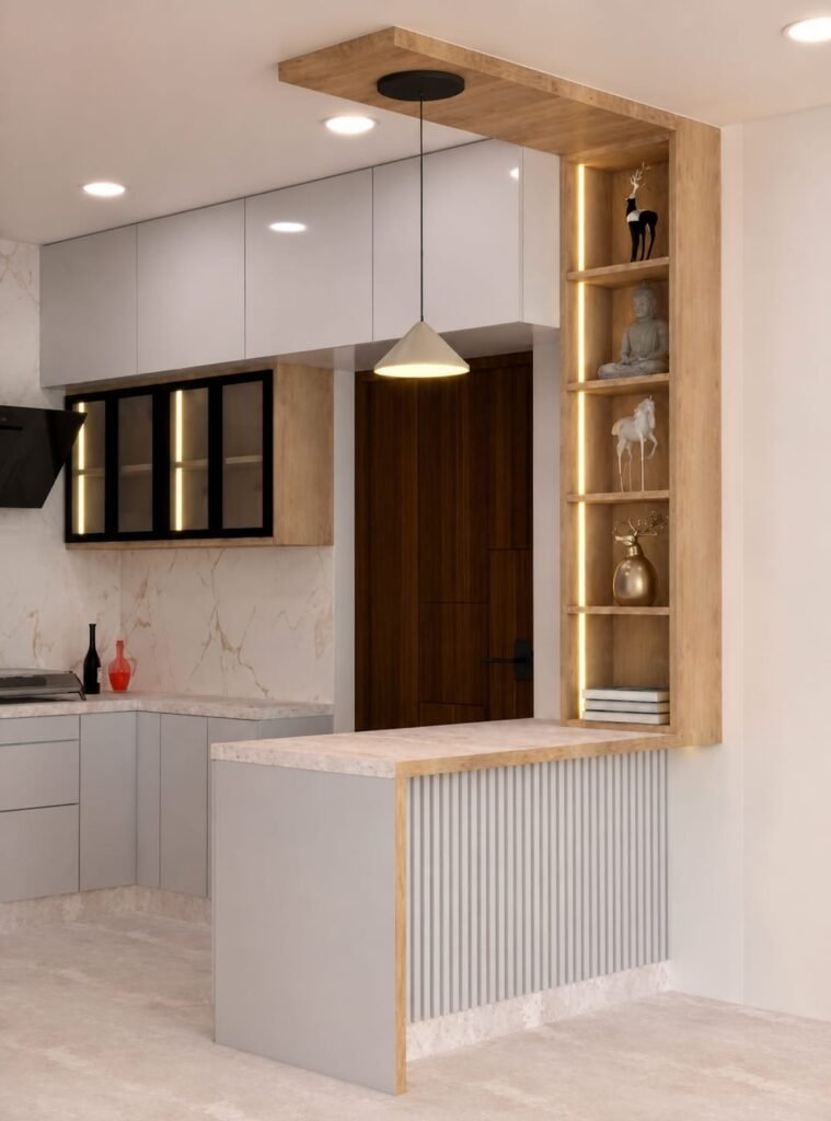 “Modern modular kitchen interior design with stylish cabinets, smart storage, elegant lighting